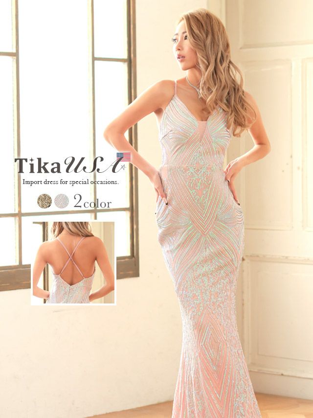 キャバドレス ロングドレス タイト セクシー  大きいサイズ マキシ丈 バースデー Tika ティカ バックオープンホルターネックオールスパンコールデザインマーメイドゴージャスロングドレス