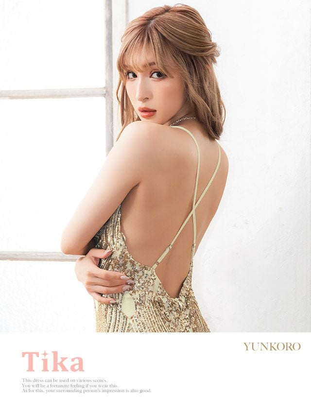 キャバドレス ロングドレス タイト マキシ丈 セクシー  大きいサイズ バースデー Tika ティカ バックオープンストラップスパンコールデザインマーメイドエレガントロングドレス