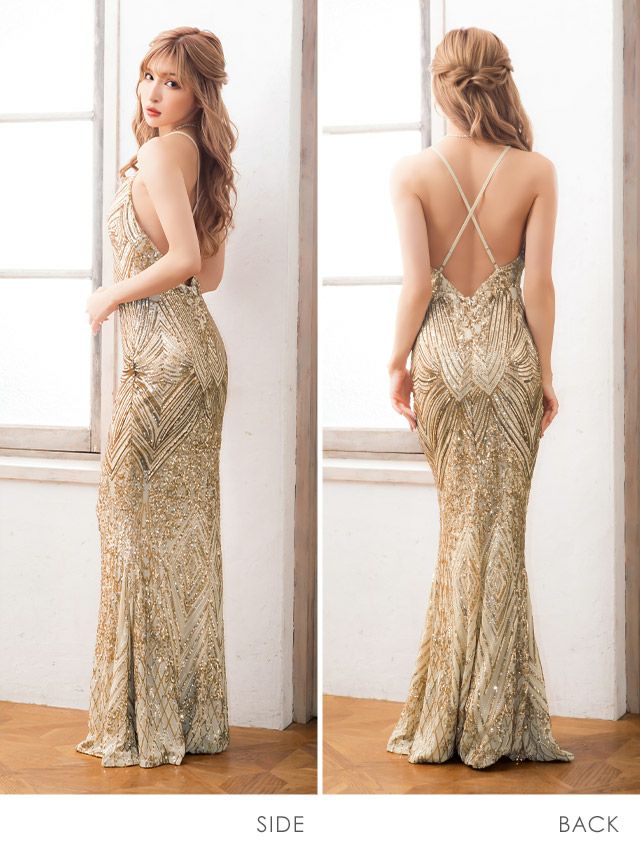キャバドレス ロングドレス タイト マキシ丈 セクシー  大きいサイズ バースデー Tika ティカ バックオープンストラップスパンコールデザインマーメイドエレガントロングドレス