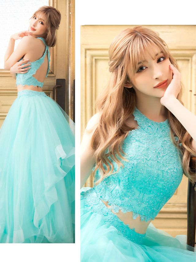 キャバドレス ロングドレス セパレート セットアップドレス Aライン バースデー Tika ティカ エレガント刺繍ビジューショートトップス&ボリュームチュールロングスカートセットアップドレス