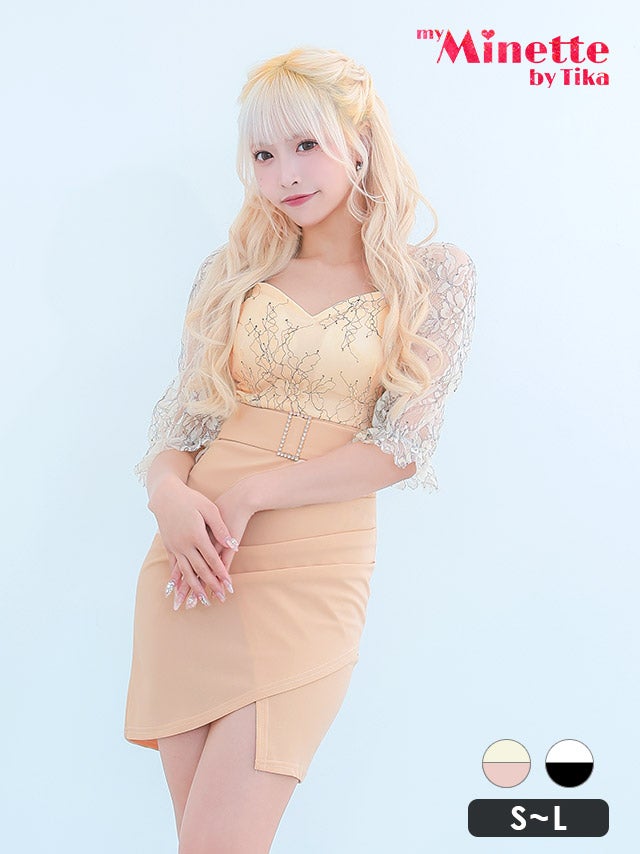 パフスリーブシフォンウエスト切替タイトミニ袖ありドレス