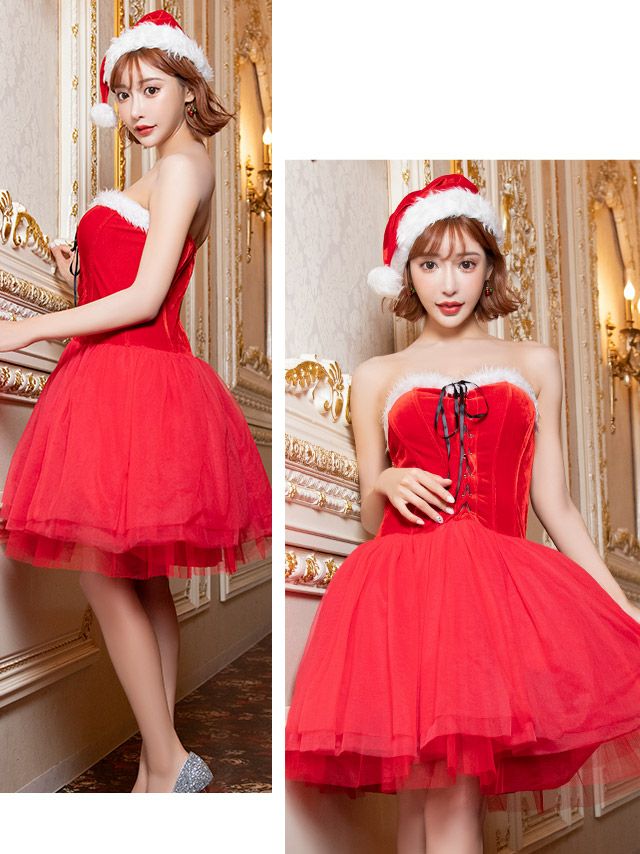 コスプレ サンタ サンタコスプレ クリスマス 可愛い 仮装 Tika ティカ レースアップベロア切り替えボリュームチュールサンタコスプレ