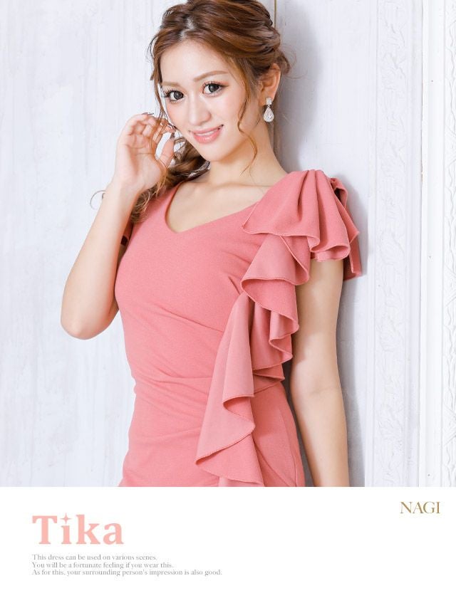 キャバドレス ミニドレス タイト 大きいサイズ シンプル 袖あり Tika ティカ フリルデザインワンカラータイトギャザー半袖ミニドレス