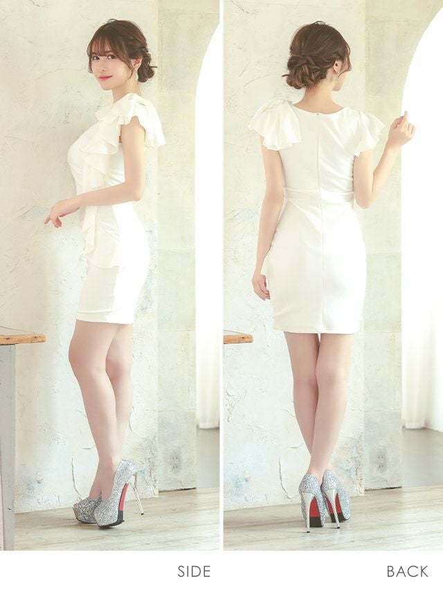 キャバドレス ミニドレス タイト 大きいサイズ シンプル 袖あり Tika ティカ フリルデザインワンカラータイトギャザー半袖ミニドレス