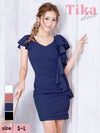 キャバドレス ミニドレス タイト シンプル 大きいサイズ 袖あり Tika ティカ ワンカラーVネックフリルタイトギャザー半袖ミニドレス