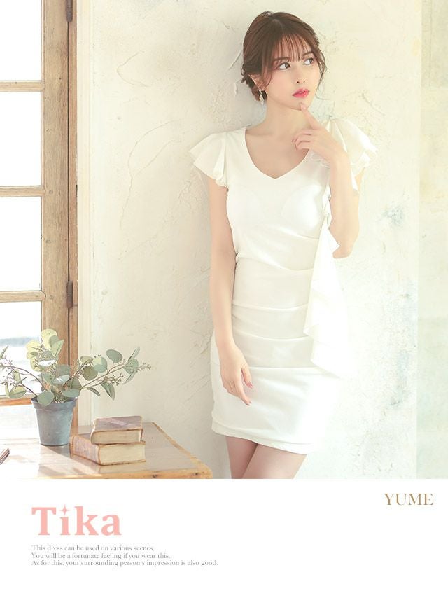 キャバドレス ミニドレス タイト シンプル 大きいサイズ 袖あり Tika ティカ ワンカラーVネックフリルタイトギャザー半袖ミニドレス