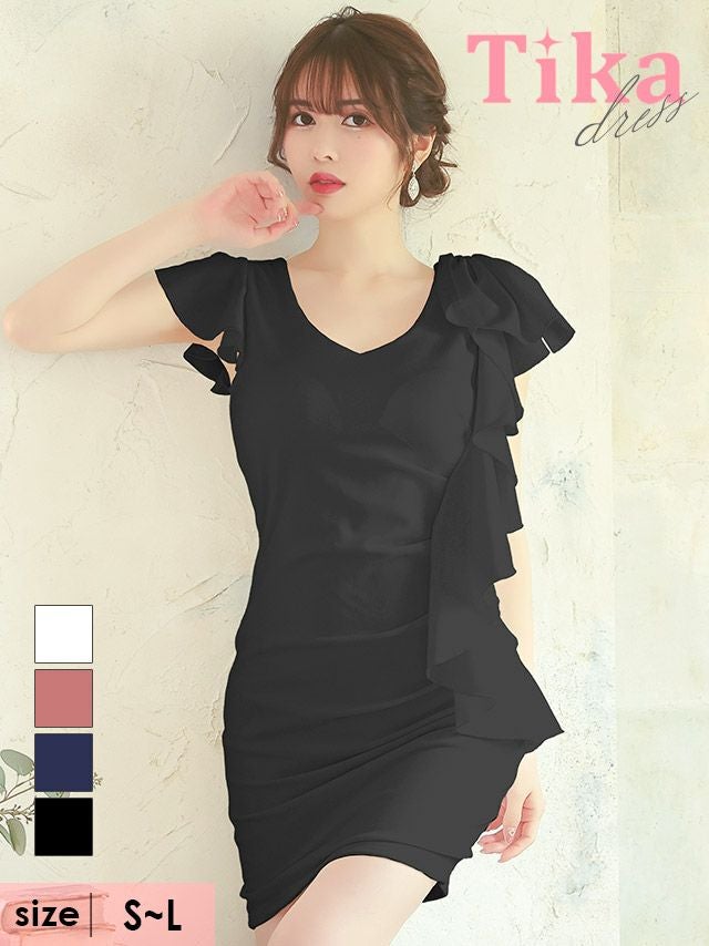 キャバドレス ミニドレス タイト シンプル 大きいサイズ 袖あり Tika ティカ Vネックボリュームフリルデザインワンカラータイトギャザー半袖ミニドレス