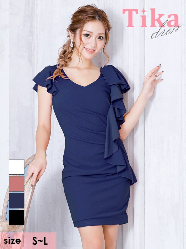 キャバドレス ミニドレス タイト シンプル 大きいサイズ 袖あり Tika ティカ Vネックボリュームフリルデザインワンカラータイトギャザー半袖ミニドレス
