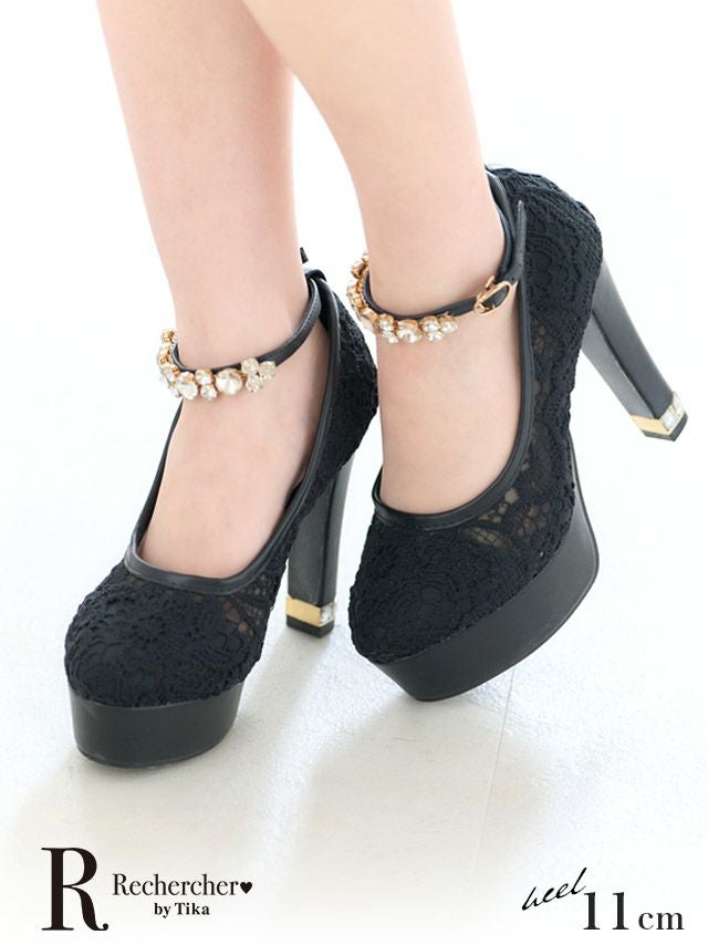 キャバヒール メイン画像 キラキラビジューストラップ付きレースデザインパンプス