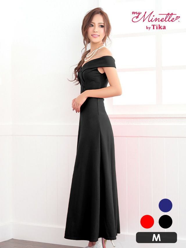 オフショルダーワンカラーAラインロングドレス