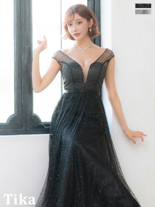 キャバドレス ロングドレス マキシ丈 ロング丈 フレア バースデー イベント Tika ティカ 谷間シースルーオールラメハイウエスト切替Aラインロングドレス