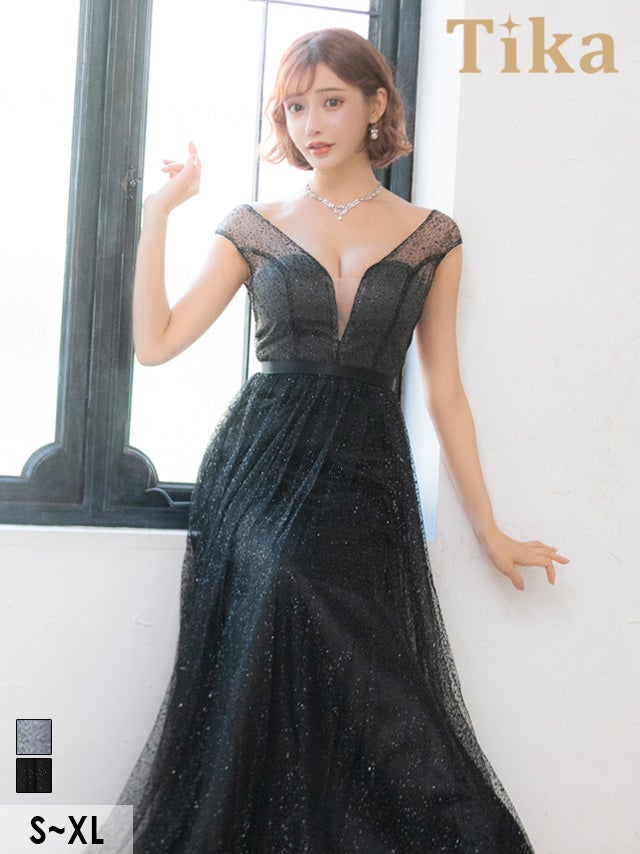 キャバドレス ロングドレス マキシ丈 ロング丈 フレア バースデー イベント Tika ティカ 谷間シースルーオールラメハイウエスト切替Aラインロングドレス