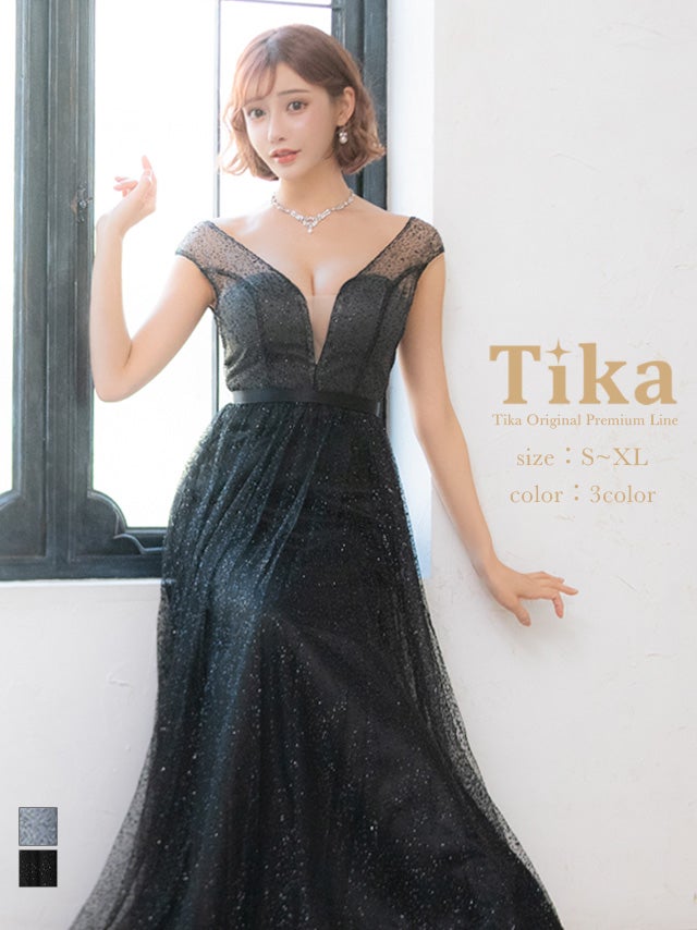バースデー ロングドレス キラキラ オフショルダー バストシースルー ラメ ハイウエスト 谷間魅せ XL 黒 ブラック Aラインキャバドレス (明日花キララ着用) [tk-ld98851a]