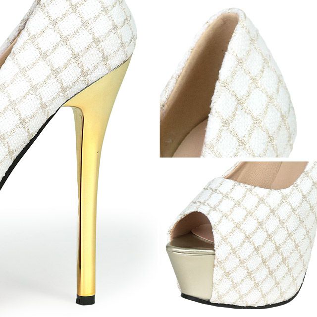 キャバヒール イメージ3 格子柄ツイードホワイトオープントゥパンプス