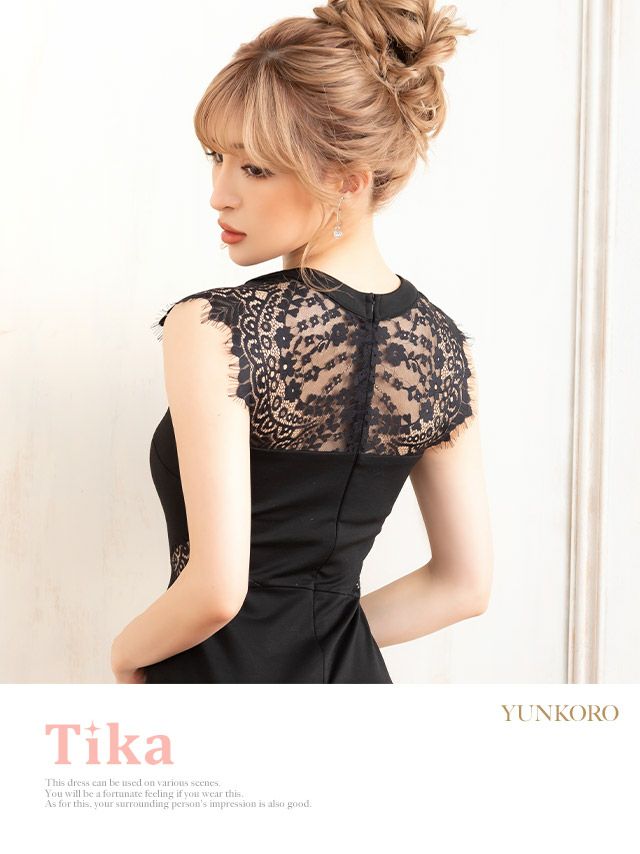 キャバドレス 膝丈 シンプル タイト セクシー 大きいサイズ Tika ティカ デコルテフラワーレースデザインワンカラー膝丈タイトドレス