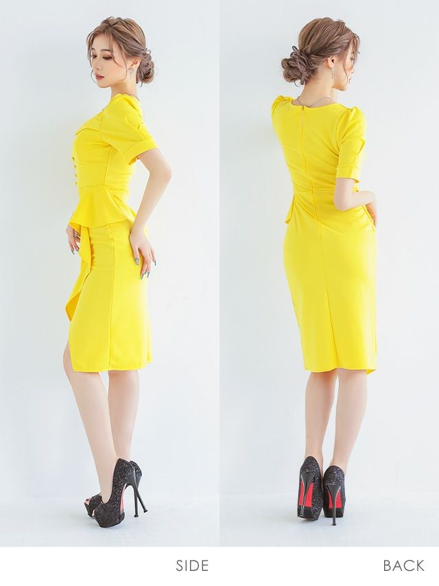 キャバドレス ミディアムドレス 大きいサイズ セクシー 激安 Tika ティカ myMinette ペンタゴンネック半袖ワンカラー膝丈フリルラップタイトドレス