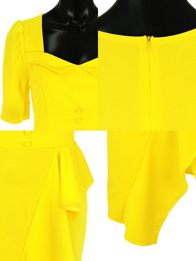 キャバドレス タイト 大きいサイズ 激安 シンプル ミディアムドレス Tika ティカ myMinette 半袖パフスリーブワンカラー膝丈ラップフリルタイトドレス