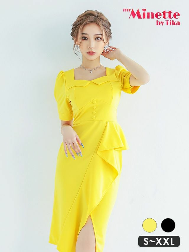 キャバドレス タイト 大きいサイズ 激安 シンプル ミディアムドレス Tika ティカ myMinette 半袖パフスリーブワンカラー膝丈ラップフリルタイトドレス