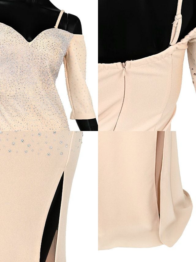 キャバドレス ロングドレス タイト セクシー 大きいサイズ Tika ティカ 袖ありオフショルダースパンコールビジューワンカラータイトスリットロングドレス