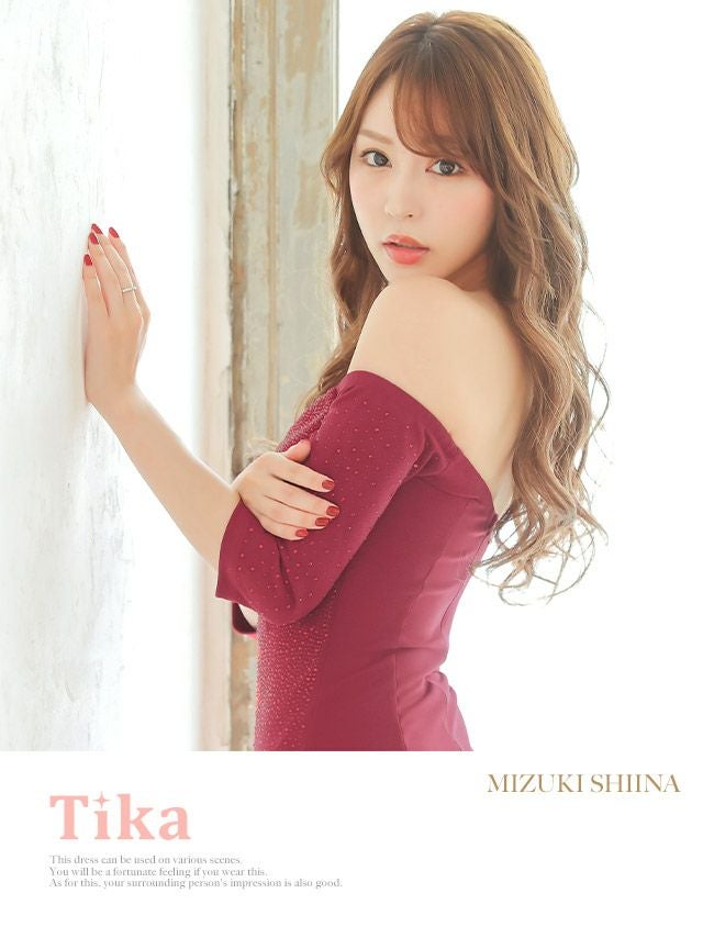 キャバドレス ロングドレス タイト 大きいサイズ セクシー Tika ティカ ワンカラービジューデザイン袖ありオフショルタイトスリットロングドレス