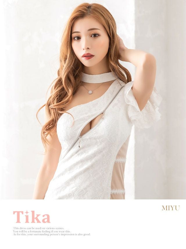 キャバドレス ミニドレス タイト セクシー 大きいサイズ Tika ティカ 総レースチョーカーフリルワンショルダージッパーシアー切り替えタイトミニドレス