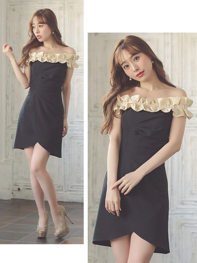 キャバドレス ミニドレス オフショルダー 大きいサイズ Aライン Tika ティカ オフショルエレガントフリルフレアラップミニドレス