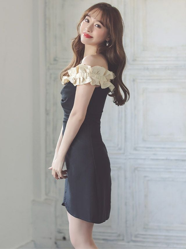 キャバドレス ミニドレス オフショルダー 大きいサイズ Aライン Tika ティカ オフショルエレガントフリルフレアラップミニドレス