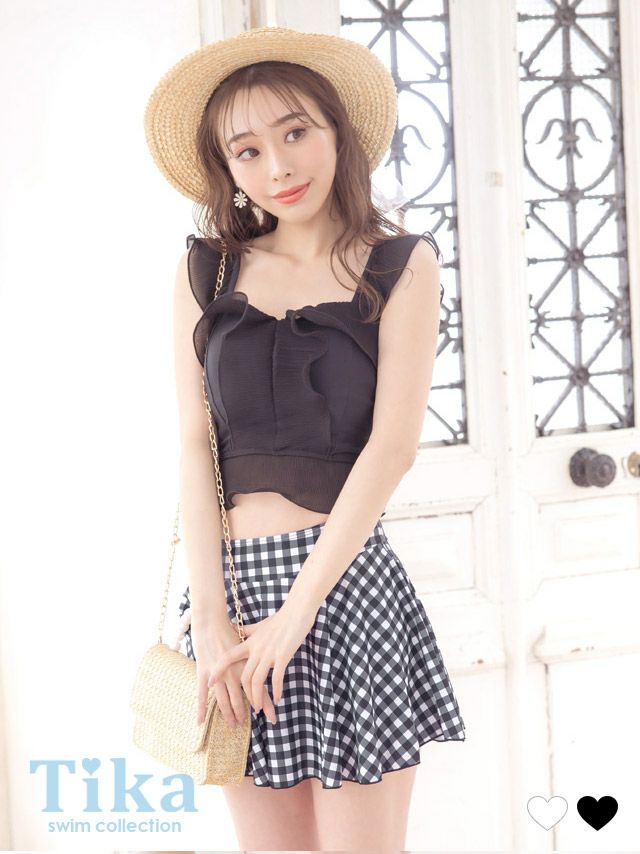 水着 バックレースアップペプラムフリルビスチェ×ギンガムチェック体型カバースカート韓国風タンキニ
