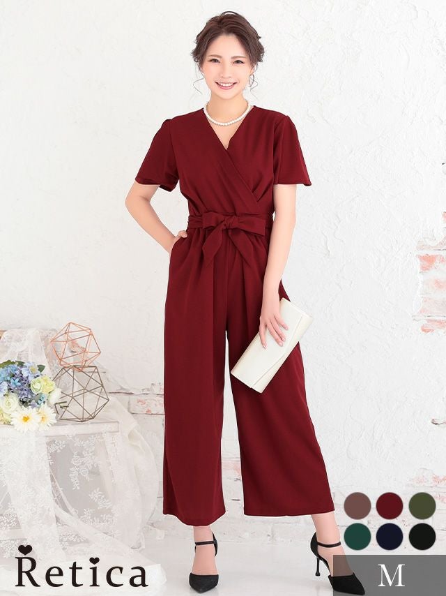 ウエストリボンカシュクールネックスタイルアップカジュアルパンツショートスリーブ結婚式パーティードレス