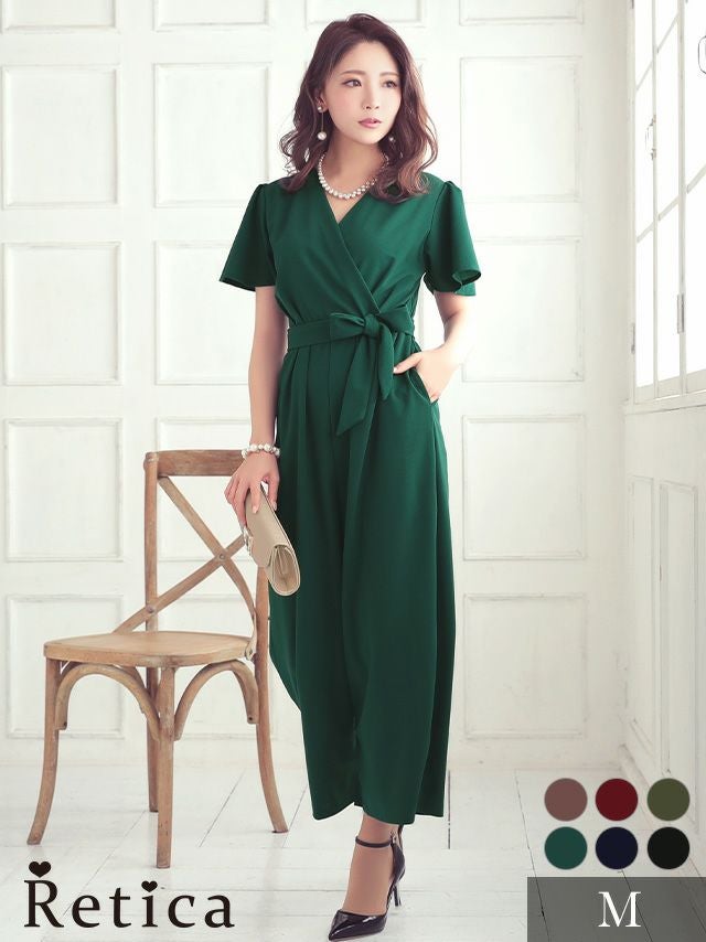 カジュアルウエストリボンスタイルアップカシュクールネックパンツショートスリーブ結婚式パーティードレス