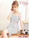 キャバドレス ミディアムドレス タイト セクシー 袖あり 大きいサイズ Tika ティカ ウエストベルト付き半袖シアー切り替えドット柄膝丈ペプラムドレス