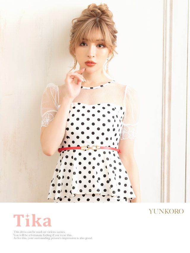 キャバドレス ミディアムドレス タイト セクシー 袖あり 大きいサイズ Tika ティカ ウエストベルト付き半袖シアー切り替えドット柄膝丈ペプラムドレス
