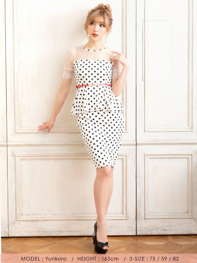 キャバドレス ミディアムドレス タイト セクシー 袖あり 大きいサイズ Tika ティカ ウエストベルト付き半袖シアー切り替えドット柄膝丈ペプラムドレス