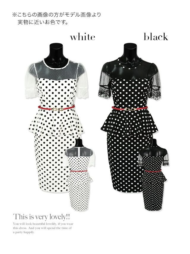 キャバドレス ミディアムドレス タイト セクシー 袖あり 大きいサイズ Tika ティカ ウエストベルト付き半袖シアー切り替えドット柄膝丈ペプラムドレス