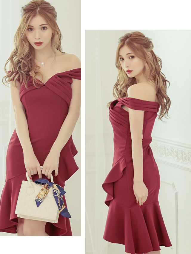 キャバドレス タイト ミディアムドレス オフショル セクシー シンプル マーメイドドレス Tika ティカ オフショルダーギャザー膝丈マーメイドテールフリルドレス