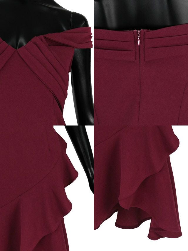 キャバドレス タイト ミディアムドレス オフショル セクシー シンプル マーメイドドレス Tika ティカ オフショルダーギャザー膝丈マーメイドテールフリルドレス