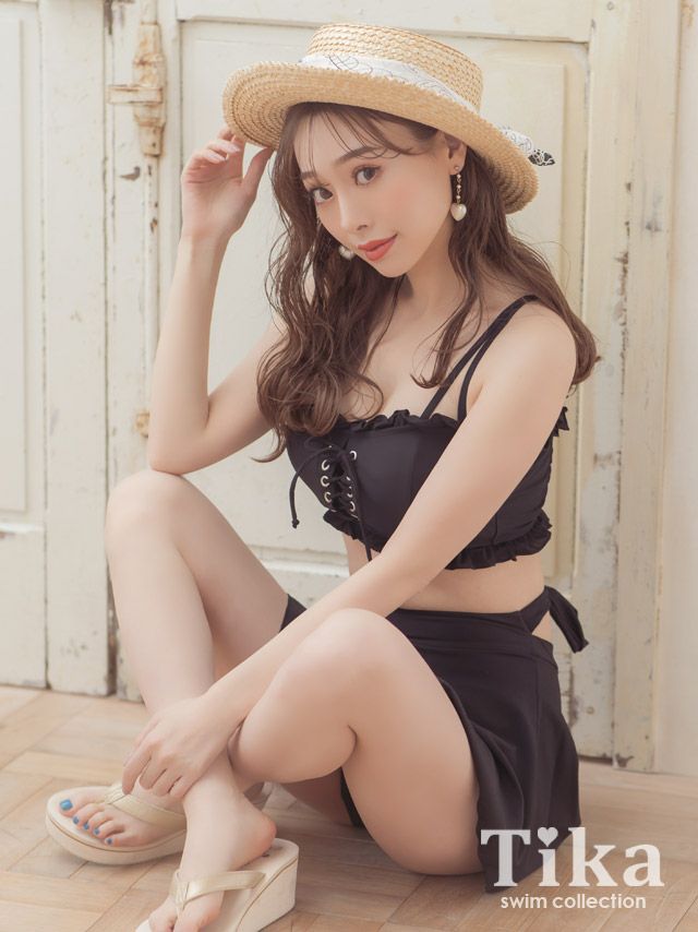 水着 レースアップフリルビスチェ×バックリボンフレアスカート体型カバーハイウエスト韓国風タンキニ