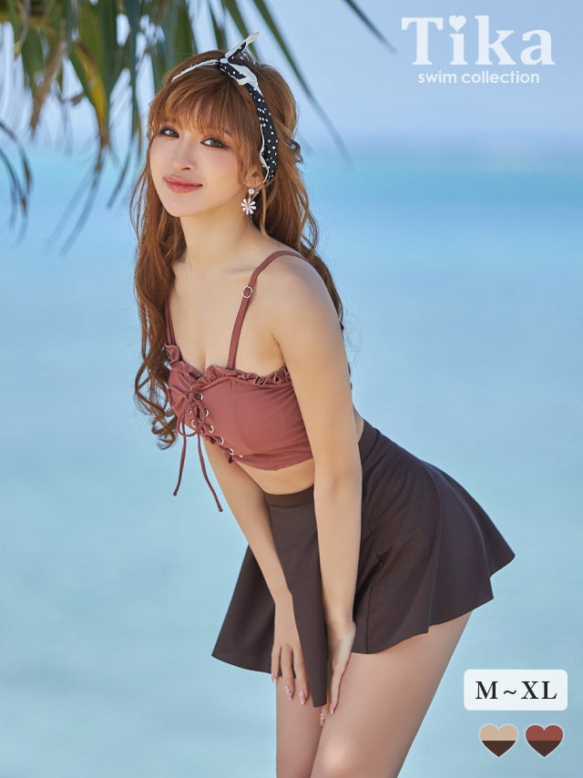 水着 フリルビスチェ編み上げリボン体型カバーショートパンツフレアスカートハイウエスト韓国風タンキニ