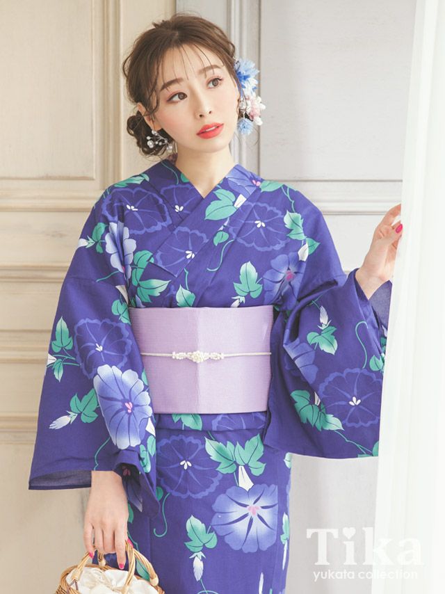 [浴衣] レトロ 紺地に咲く朝顔 3点セット (ゆかた・作り帯・下駄) (久保七瀬着用)