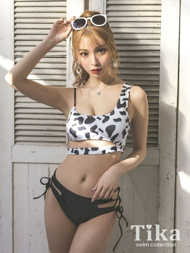 水着 モノトーンモウ柄カットアウトビスチェギャルタンキニ