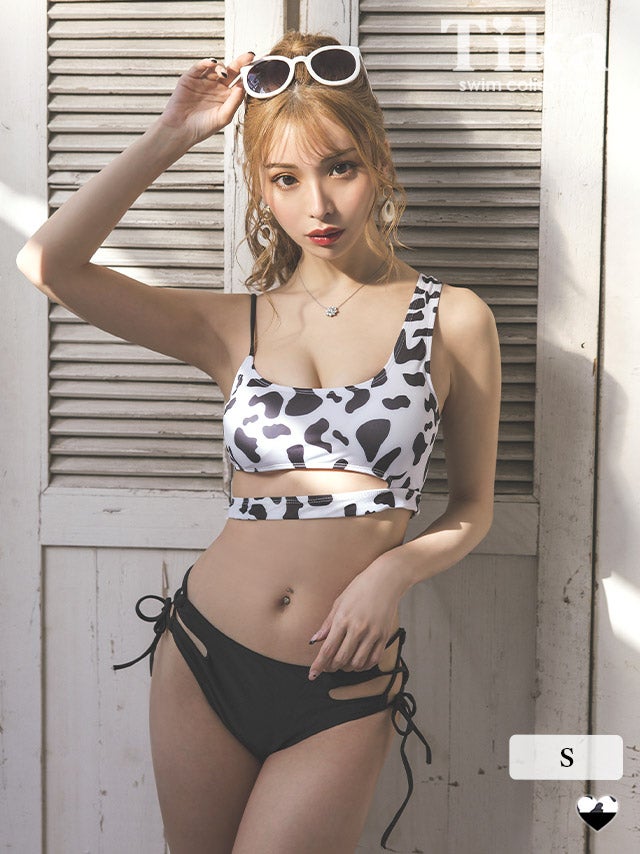 水着 モノトーンモウ柄カットアウトビスチェギャルタンキニ