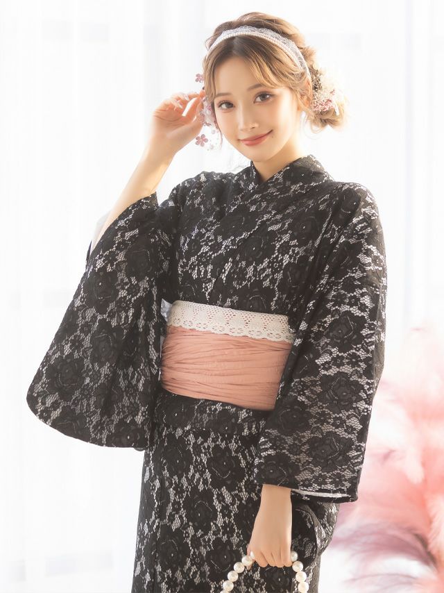 [浴衣] SWEET ブラックフラワー 高級レース 3点セット (ゆかた・兵児帯・下駄)