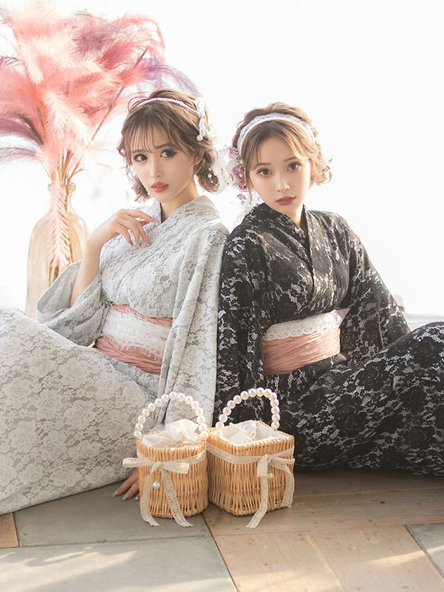 浴衣 レディース セット 帯 下駄 兵児帯 しわへこ 可愛い 黒 Tika ティカ ブラックフラワーオールレース ゆかた3点セット