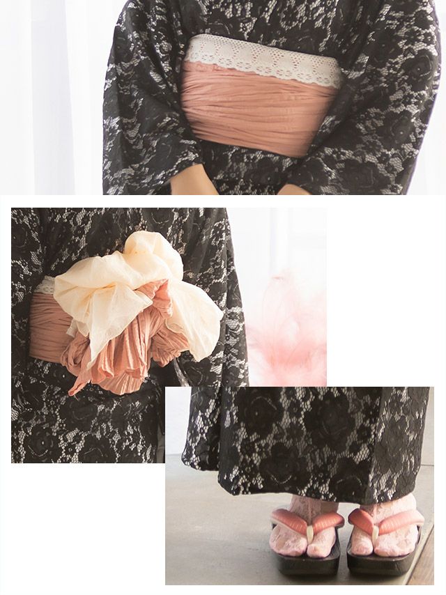 浴衣 レディース セット 帯 下駄 兵児帯 しわへこ 可愛い 黒 Tika ティカ ブラックフラワーオールレース ゆかた3点セット