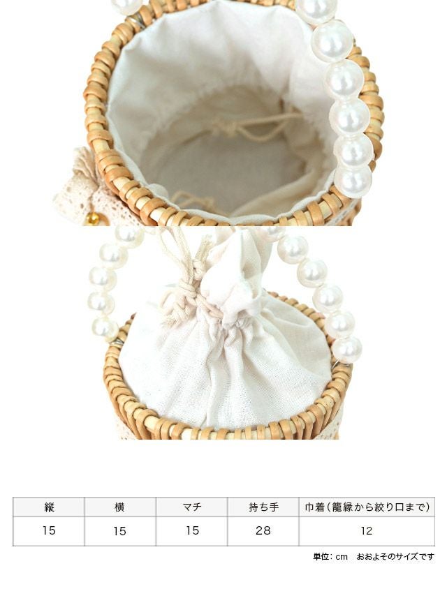 バッグ かごバッグ 鞄 浴衣バッグ 和装 和服 ミニバッグ ハンドバッグ Tika ティカ 選べるラウンド型&スクエア型レースリボン付きパールハンドルかごバッグ
