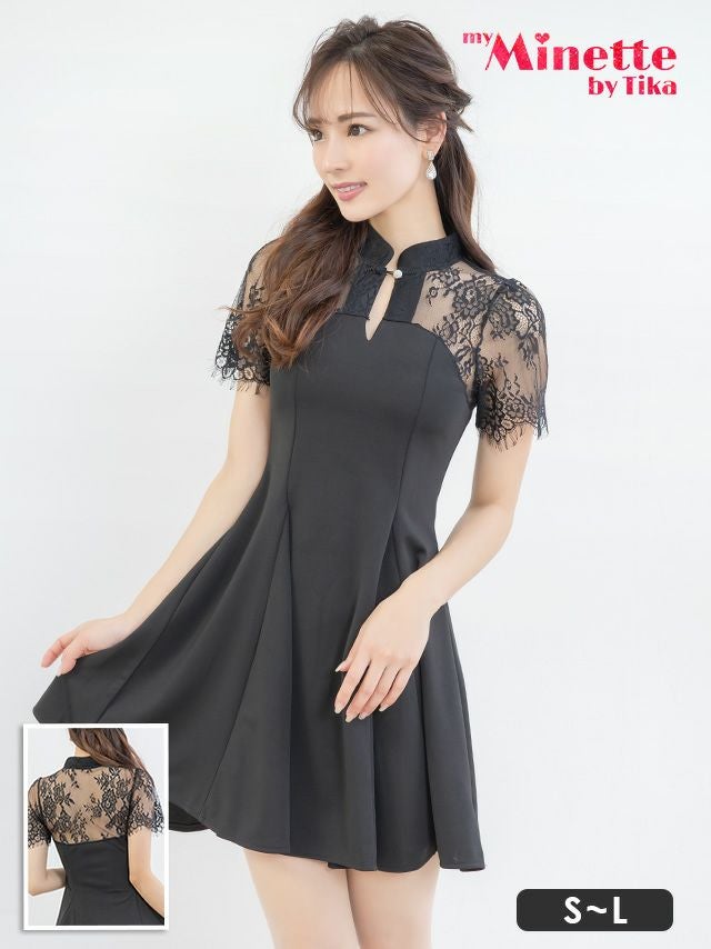 ブラックレースデザイン半袖フレアミニドレス