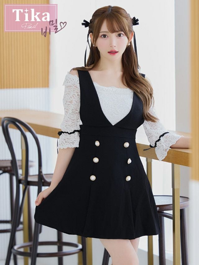 メイン画像 キャバドレス 韓国 モノトーン袖ありレースハイウエスト切替フレアミニドレス (Sサイズ～Lサイズ) (黒崎みさ/キャバドレス着用)