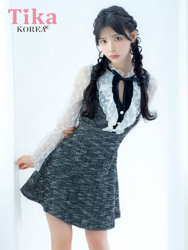 メイン画像 キャバドレス 韓国 ミニドレス フリル ドット柄 シースルー 長袖 ネックリボン バストカット 谷間魅せ Aライン キャバドレス (緩苺着用) [tk-mdk1492]