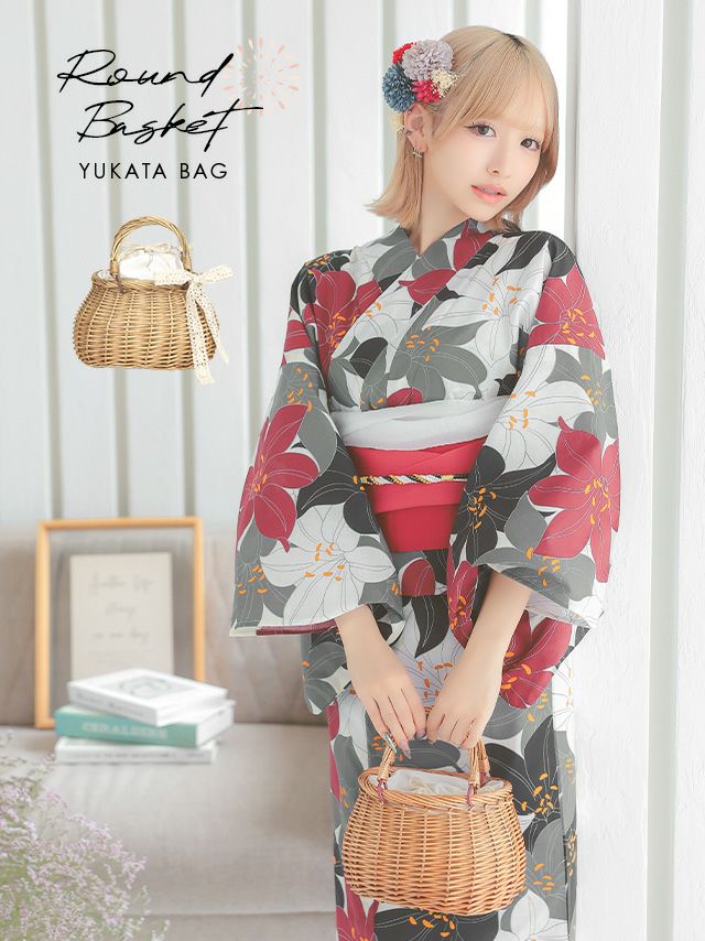 [浴衣小物] レースリボン付き丸型ミニかごバッグ