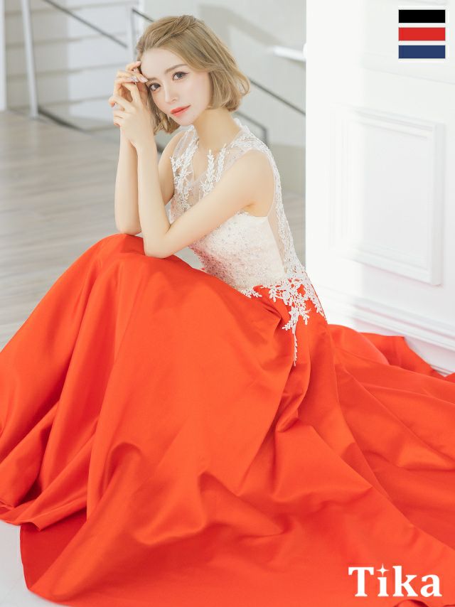 キャバドレス ロング丈 Aライン 大きいサイズ イベント バースデー Tika ティカ 刺繍リーフレースノースリーブバイカラーAラインロングドレス